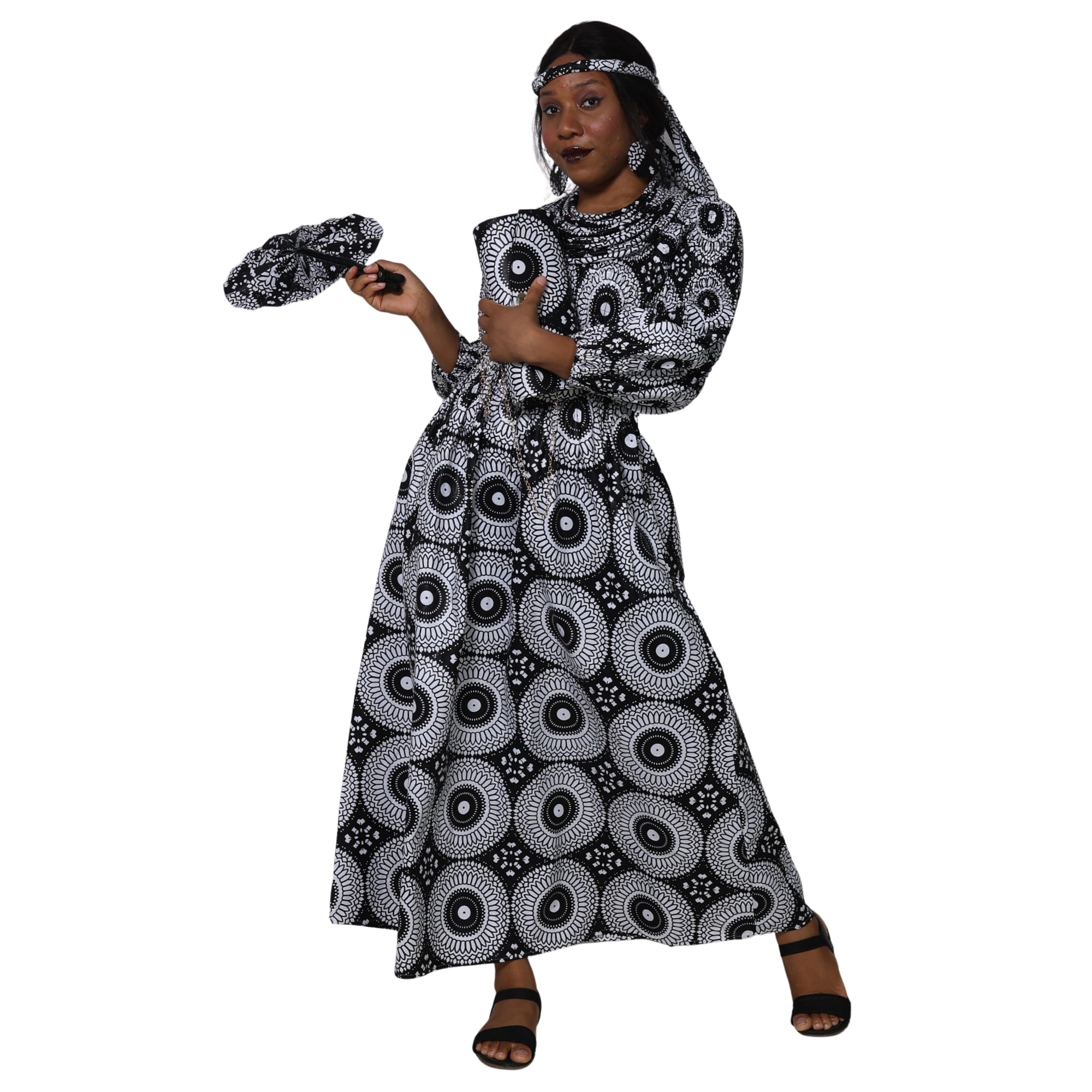 Women's Smocked Maxi Dress with Clutch, Necklace and Fan Set -- FI-50084 4Pc Set