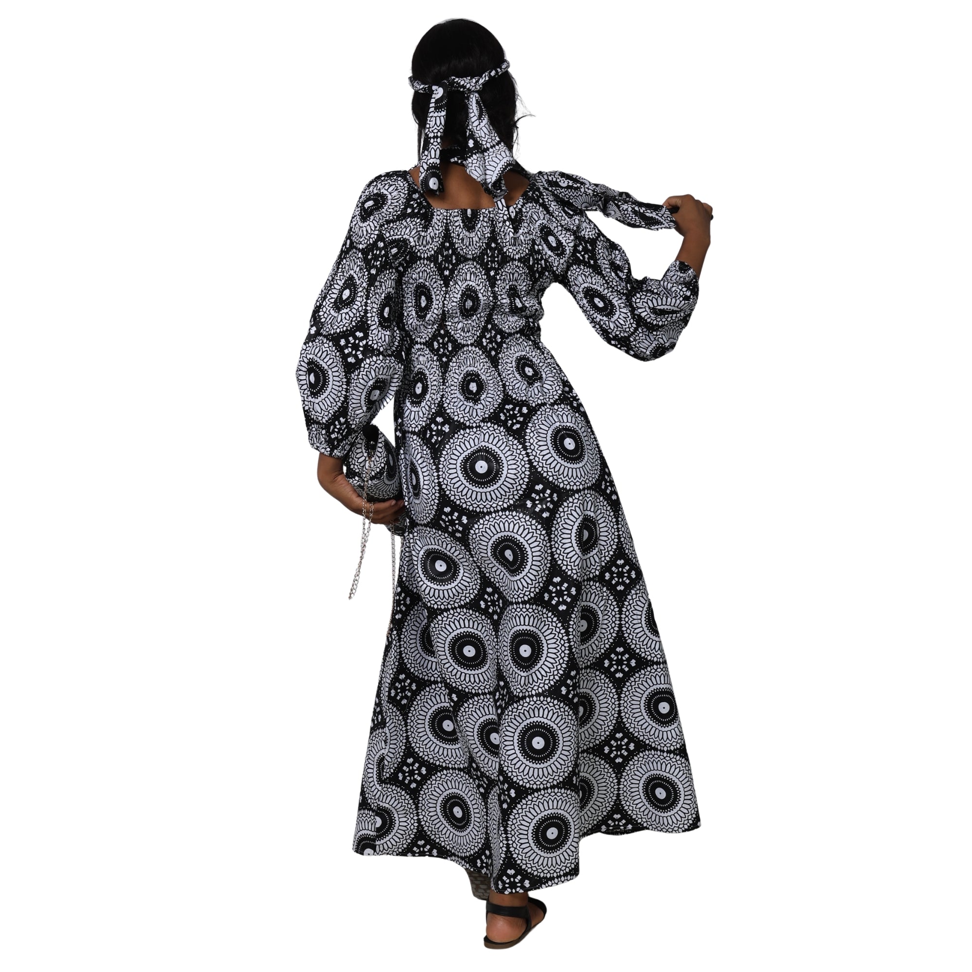 Women's Smocked Maxi Dress with Clutch, Necklace and Fan Set -- FI-50084 4Pc Set