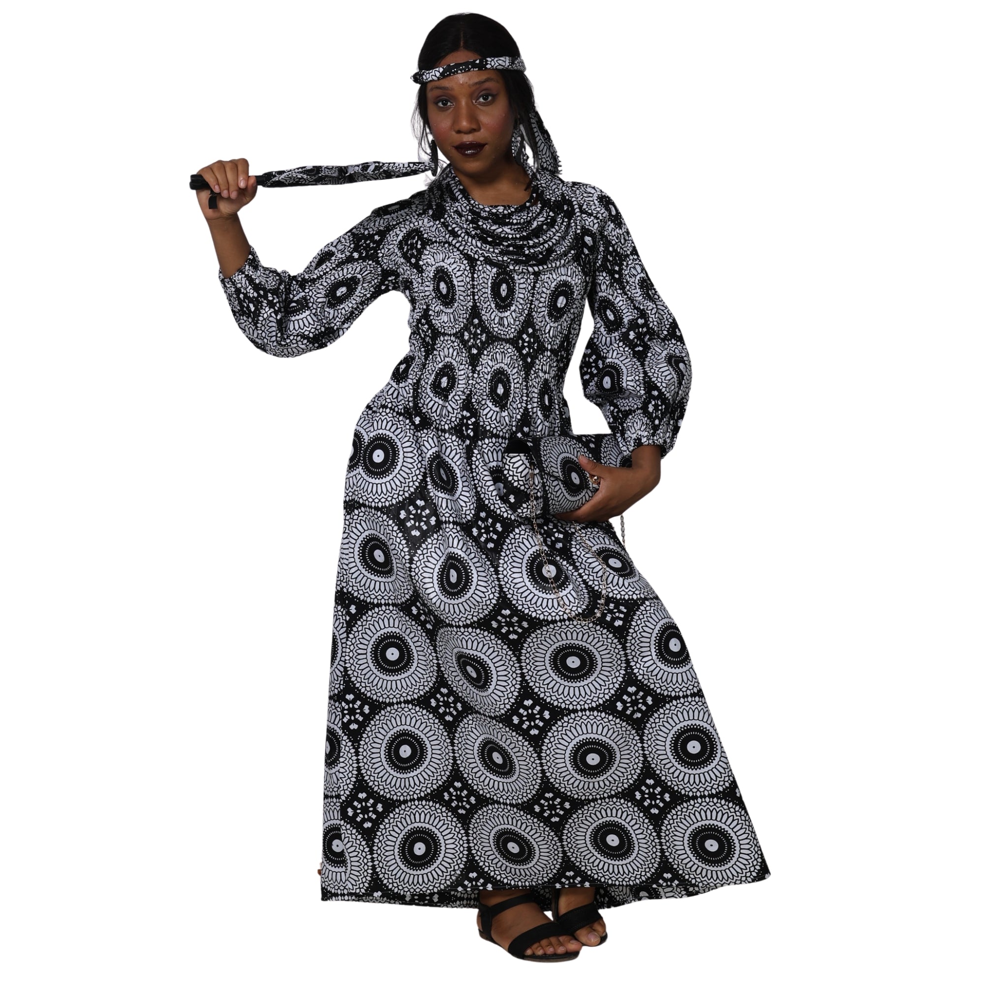 Women's Smocked Maxi Dress with Clutch, Necklace and Fan Set -- FI-50084 4Pc Set