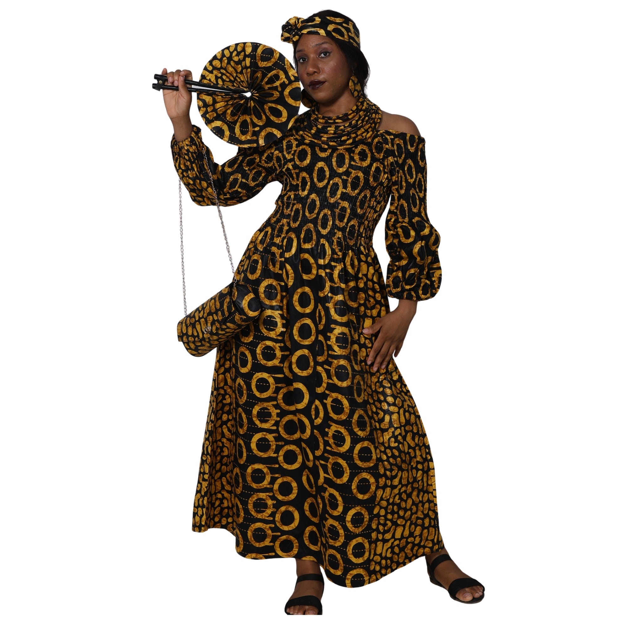 Women's Smocked Maxi Dress with Clutch, Necklace and Fan Set -- FI-50084 4Pc Set
