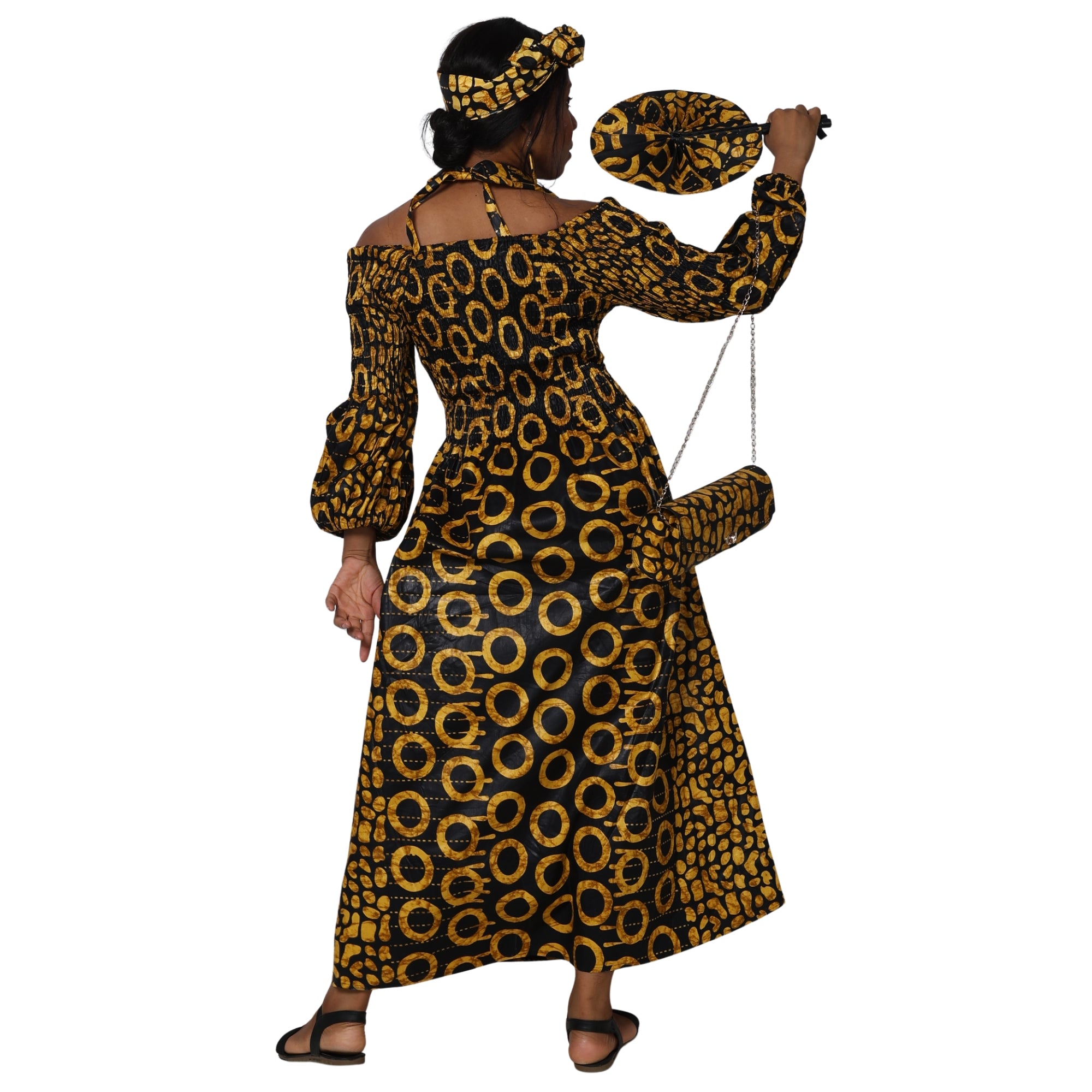Women's Smocked Maxi Dress with Clutch, Necklace and Fan Set -- FI-50084 4Pc Set
