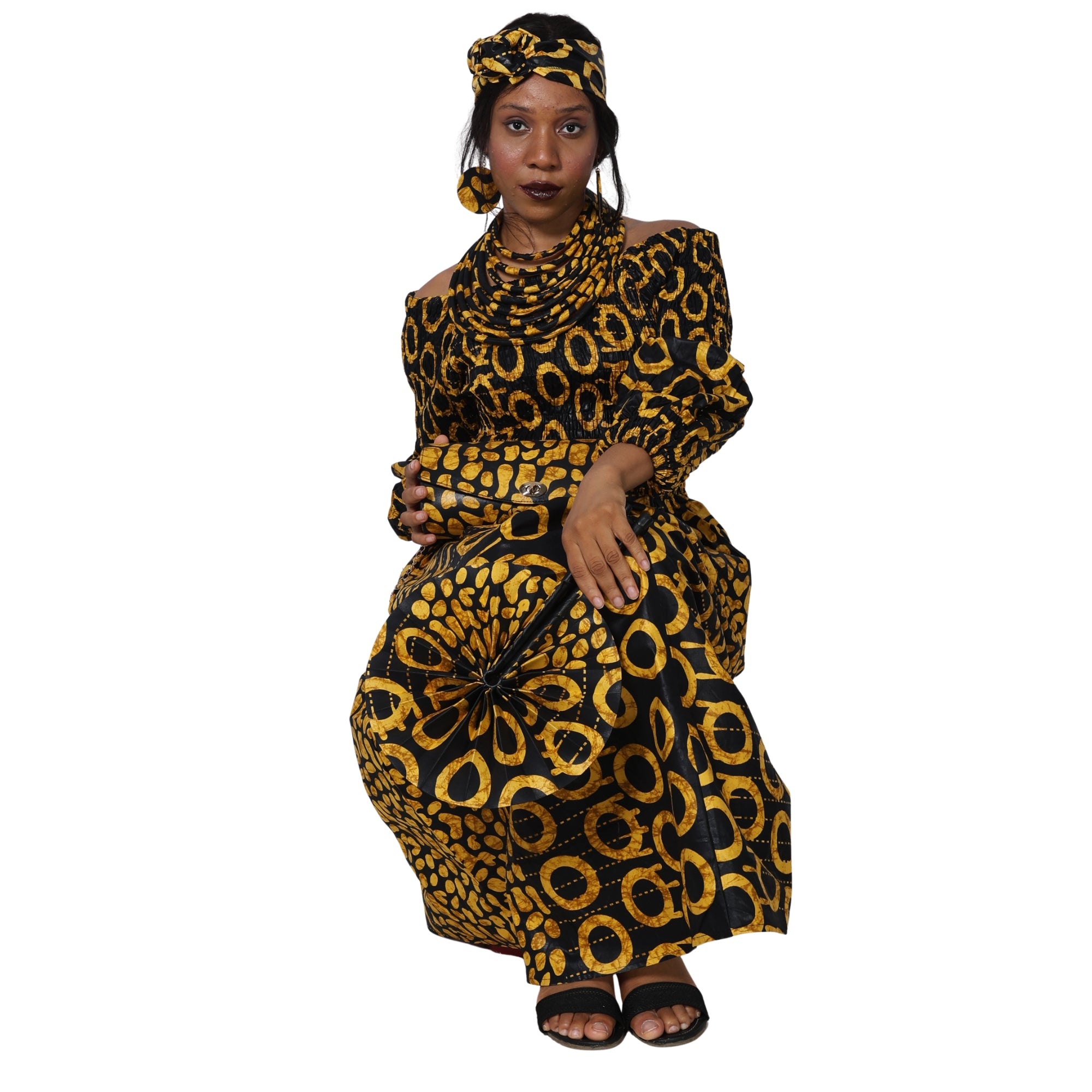 Women's Smocked Maxi Dress with Clutch, Necklace and Fan Set -- FI-50084 4Pc Set
