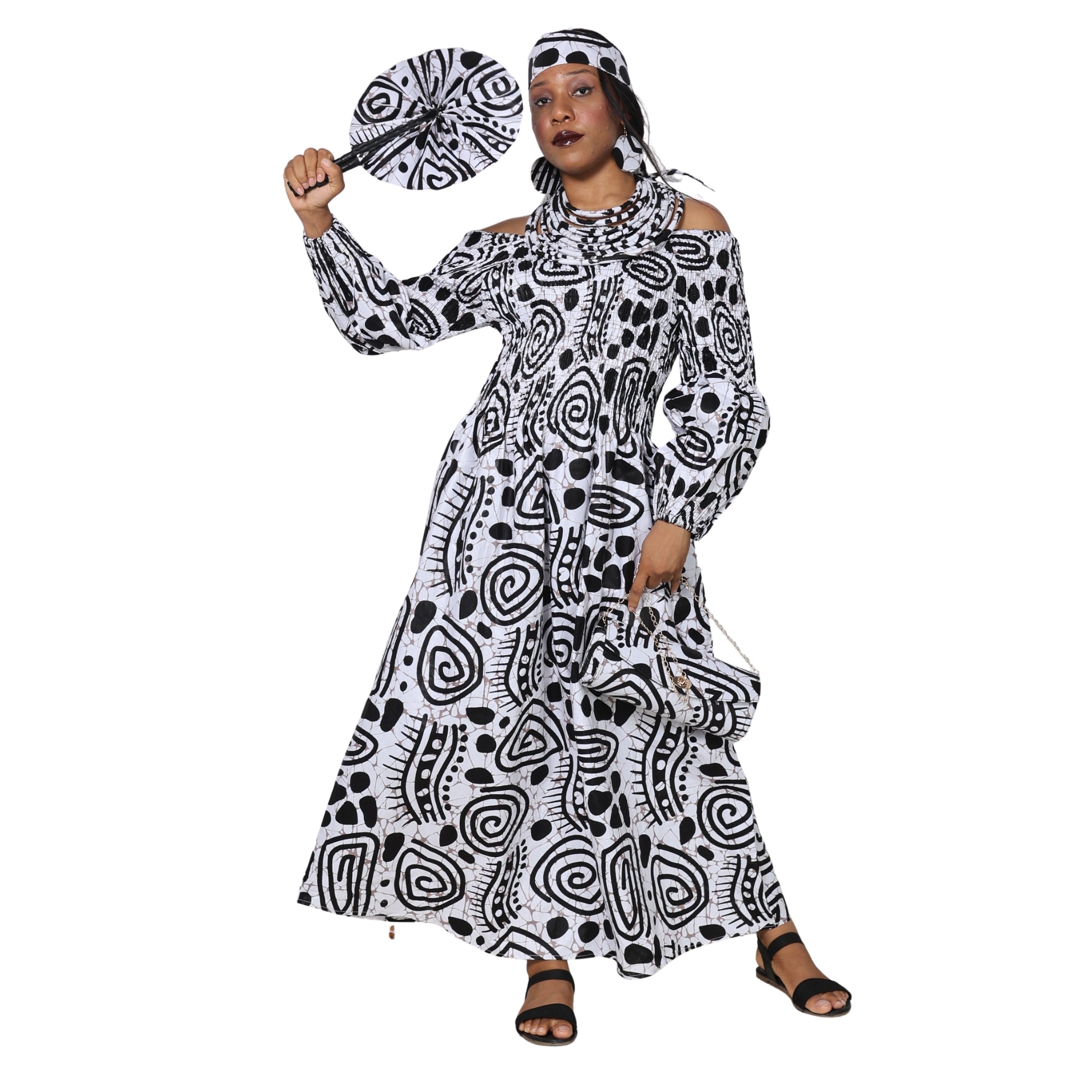 Women's Smocked Maxi Dress with Clutch, Necklace and Fan Set -- FI-50084 4Pc Set