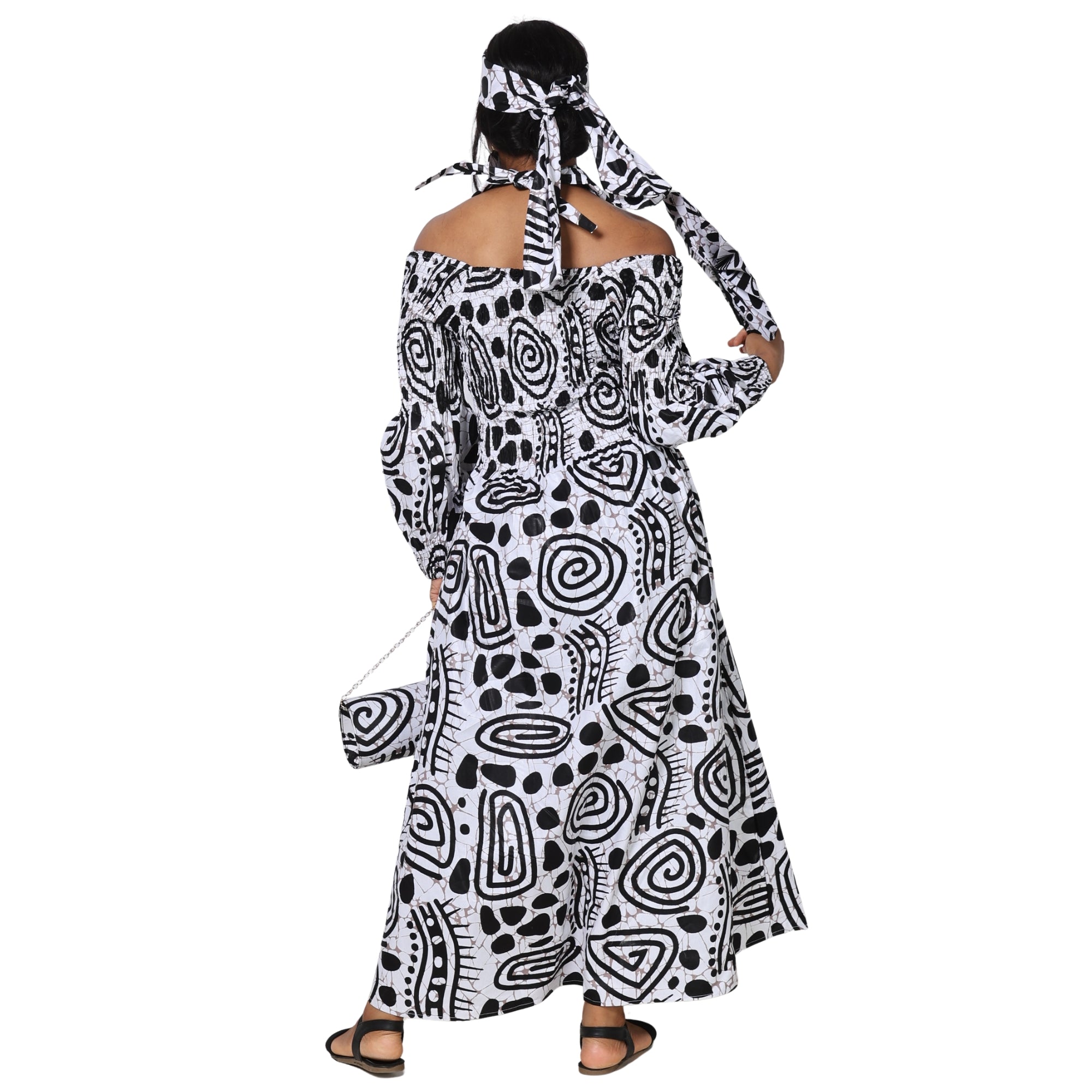 Women's Smocked Maxi Dress with Clutch, Necklace and Fan Set -- FI-50084 4Pc Set