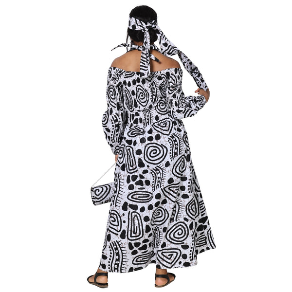 Women's Smocked Maxi Dress with Clutch, Necklace and Fan Set -- FI-50084 4Pc Set