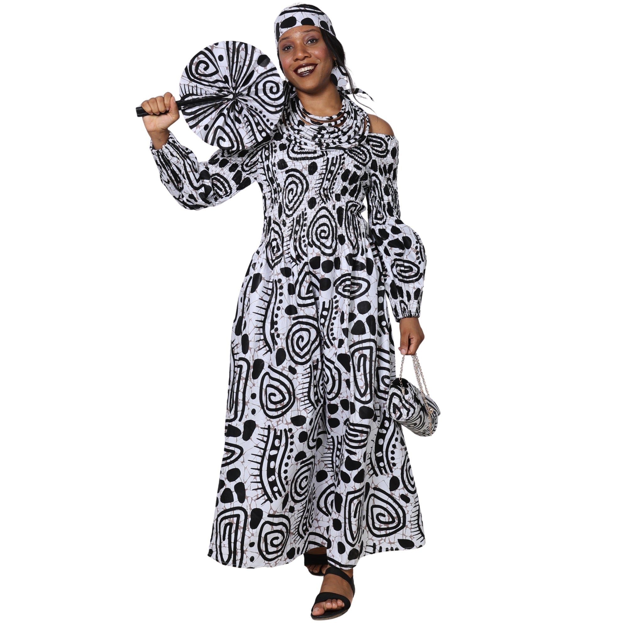 Women's Smocked Maxi Dress with Clutch, Necklace and Fan Set -- FI-50084 4Pc Set