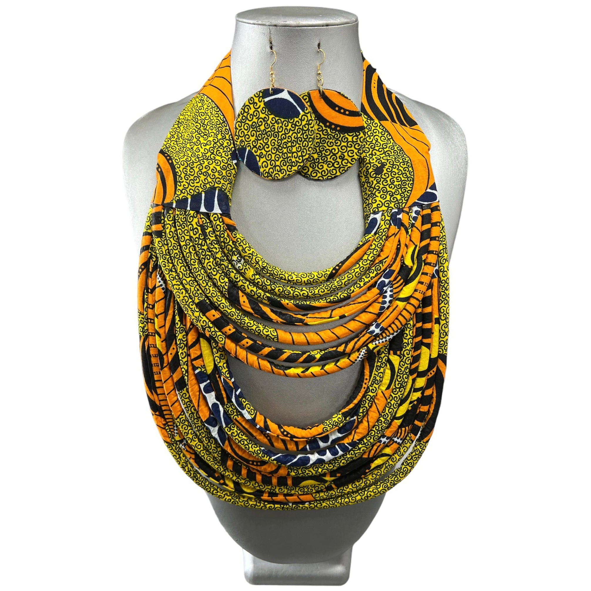 Women's African Printed Double Layer Fabric Necklace Set with Round Earrings