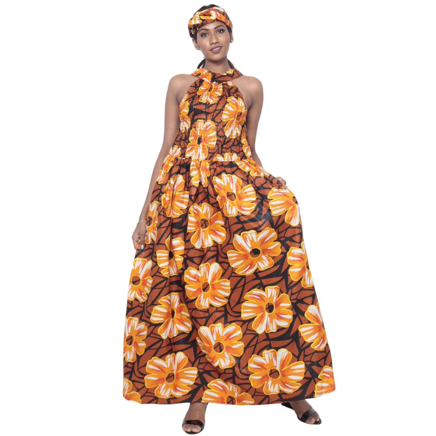 Women's High Neck Smocking Halter Maxi Dress - Fi-3131 Women's High Neck Smocking Halter Maxi Dress - Fi-3131
