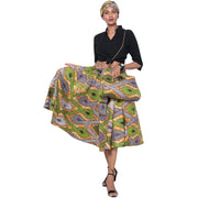 Women's African Print Midi Skirt with Tie Waist and Matching Headwrap -- FI-36P With Handbag