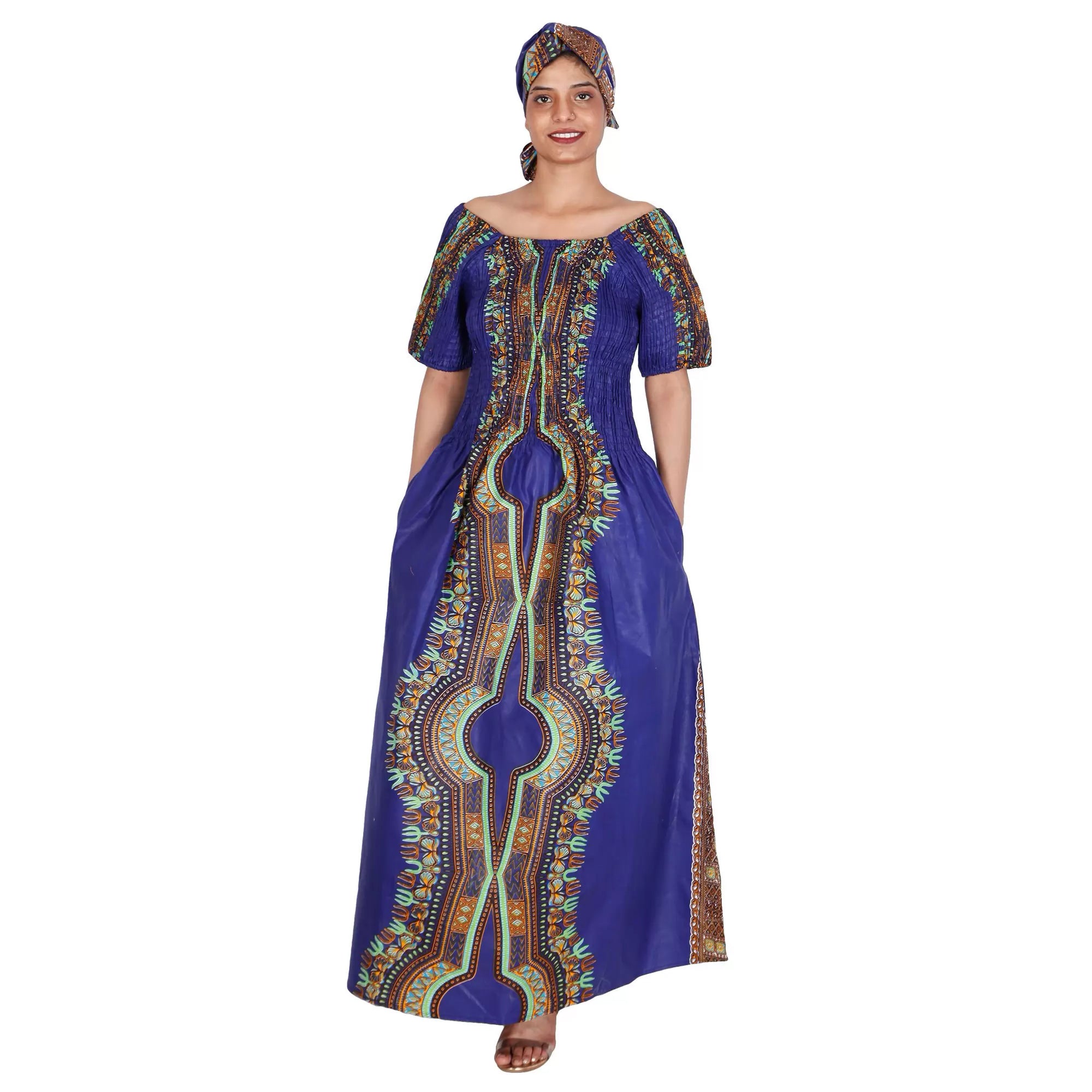 Women's Printed Smocking Short Sleeve Maxi Dress blue mix color contrast
