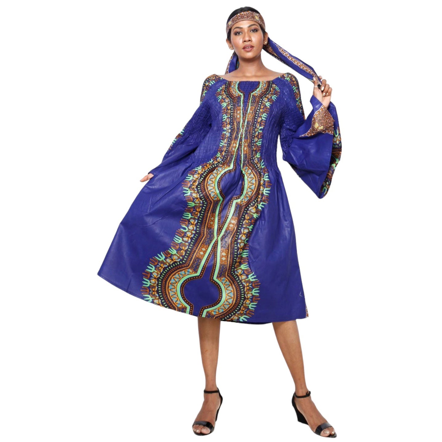 Women's Long Sleeve Smocking Short Dress with Bell Sleeves -- FI-50073