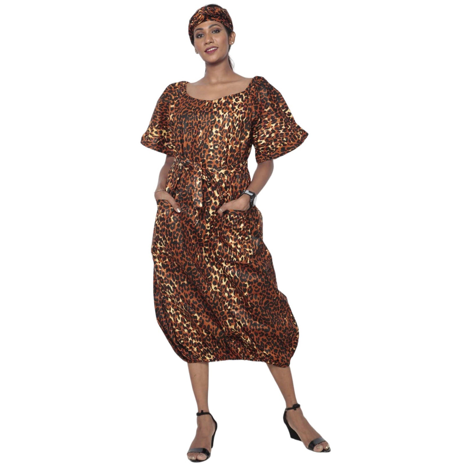 Women's Short Sleeve Balloon Hem Midi Dress  cheetah print