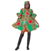 Women's Dashiki Wrap Short Dress with Frill Sleeves -- FI-D74