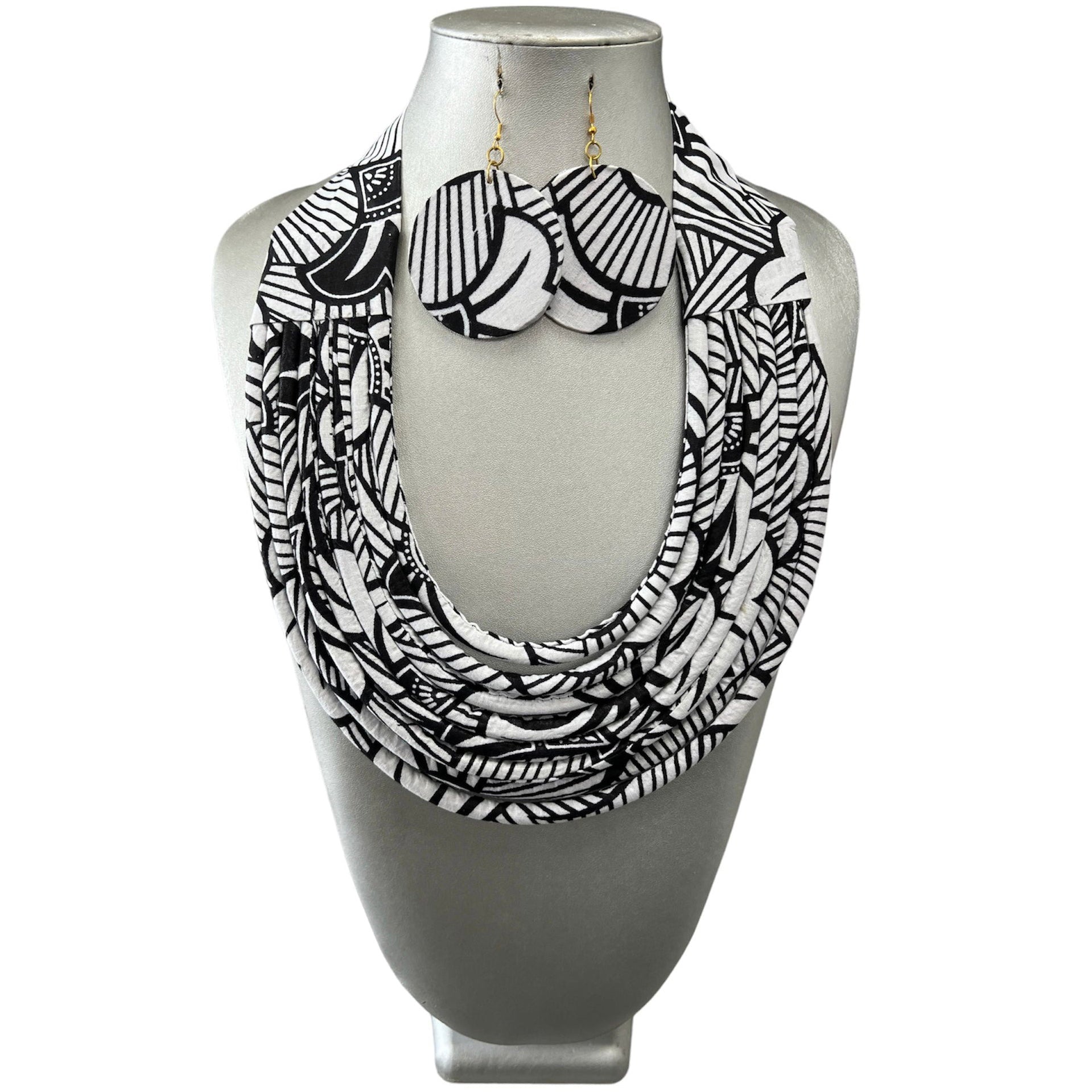 Women's African Printed Single Layer Fabric Necklace Set with Round Earrings