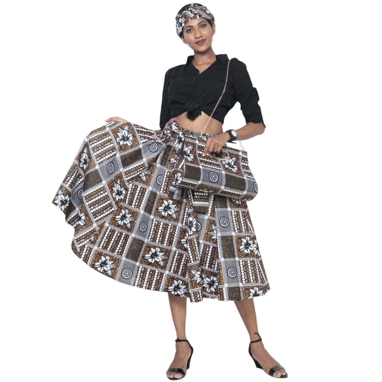 Women's African Print Midi Skirt with Tie Waist and Headwrap - Front