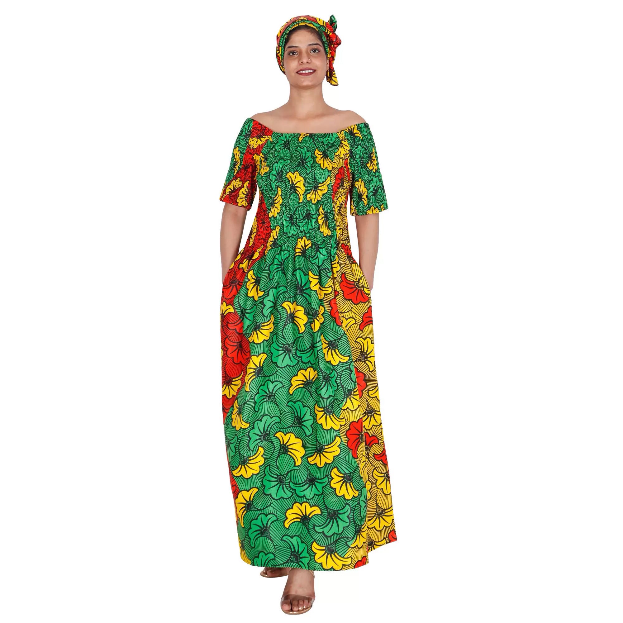 Women's Printed Smocking Short Sleeve Maxi Dress - FI-50071