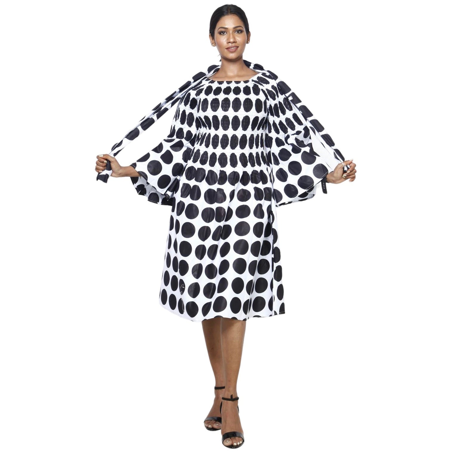 Women's Long Sleeve Smocking Short Dress with Bell Sleeves -- FI-50073