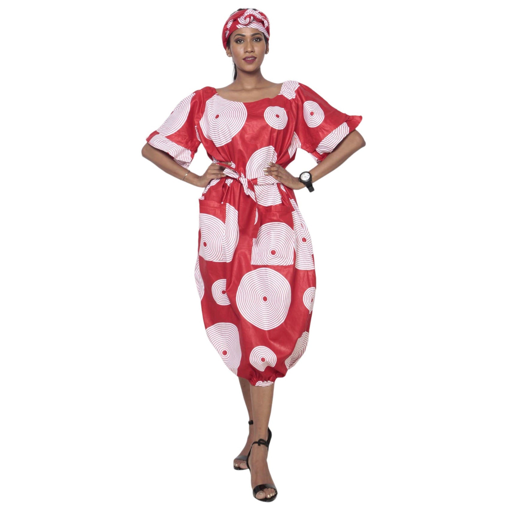 Women's Short Sleeve Balloon Hem Midi Dress red/white\