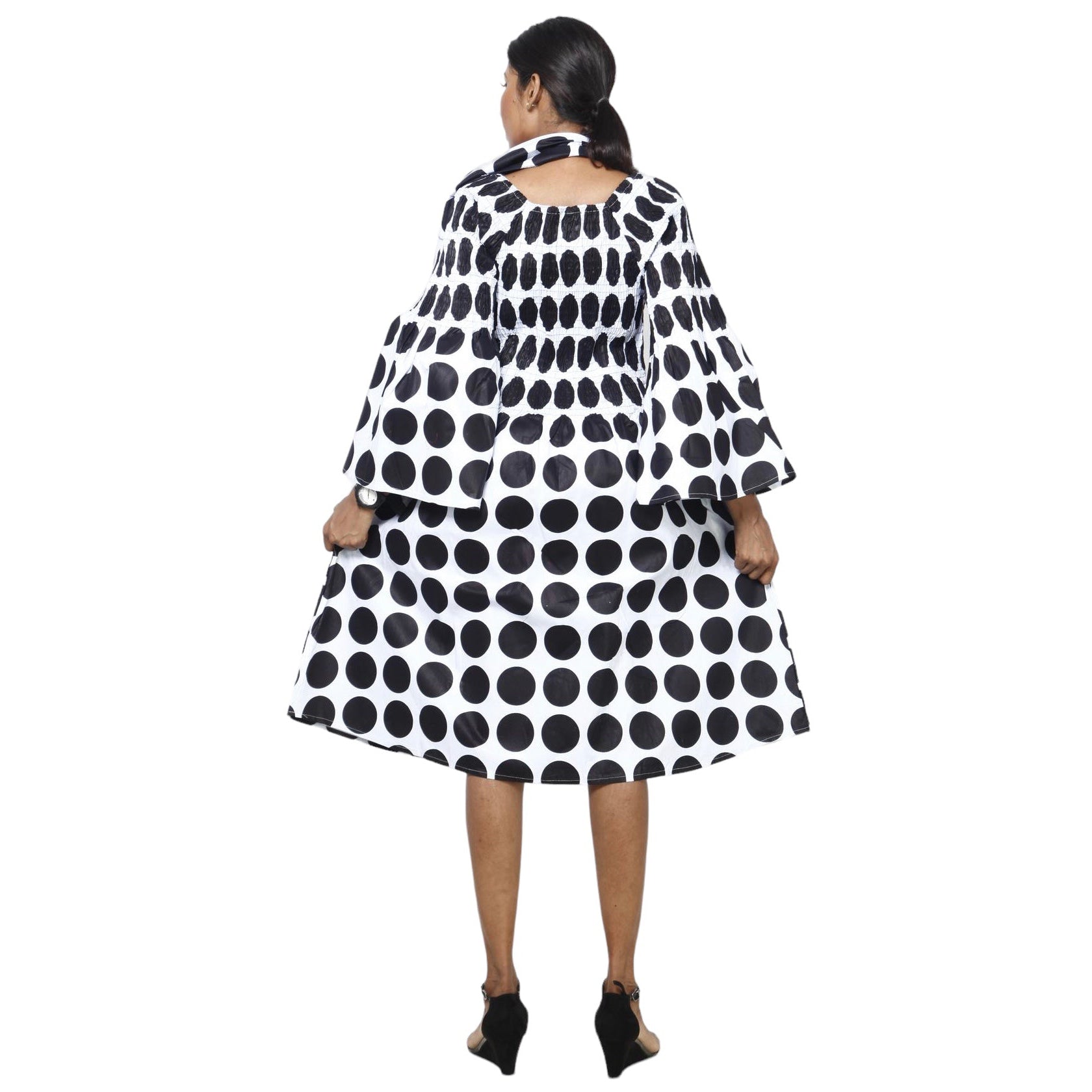 Women's Long Sleeve Smocking Short Dress with Bell Sleeves -- FI-50073
