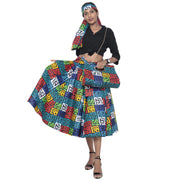 Women's African Print Midi Skirt with Tie Waist and Matching Headwrap -- FI-36P With Handbag