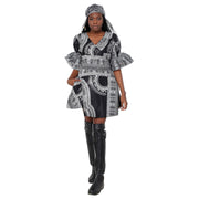 Women's Dashiki Wrap Short Dress with Frill Sleeves -- FI-D74