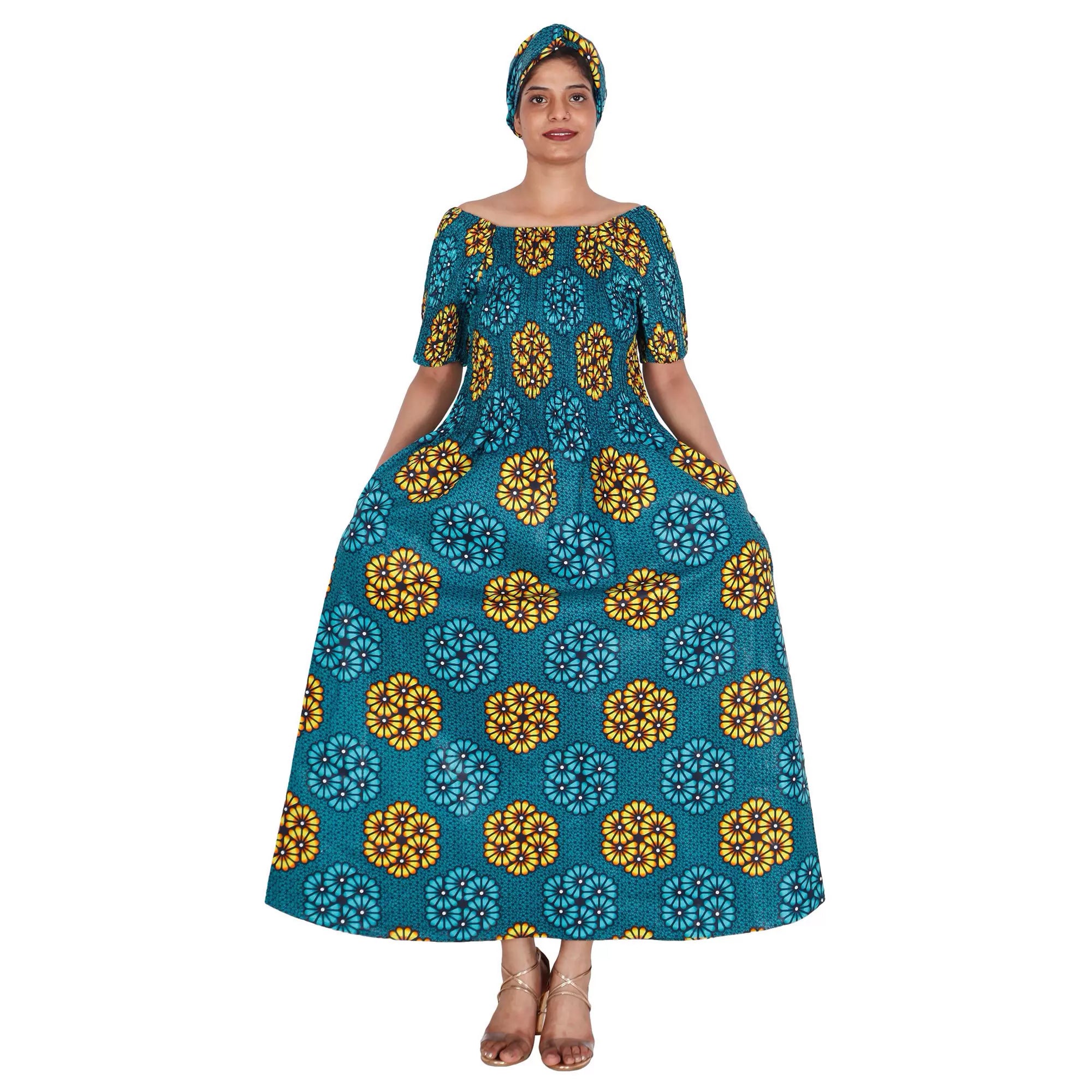 Women's Printed Smocking Short Sleeve Maxi Dress blue yellow and sky blue