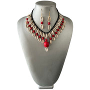 Women's 2 Layer Cowrie Shell Necklace Set With Colored Stone
