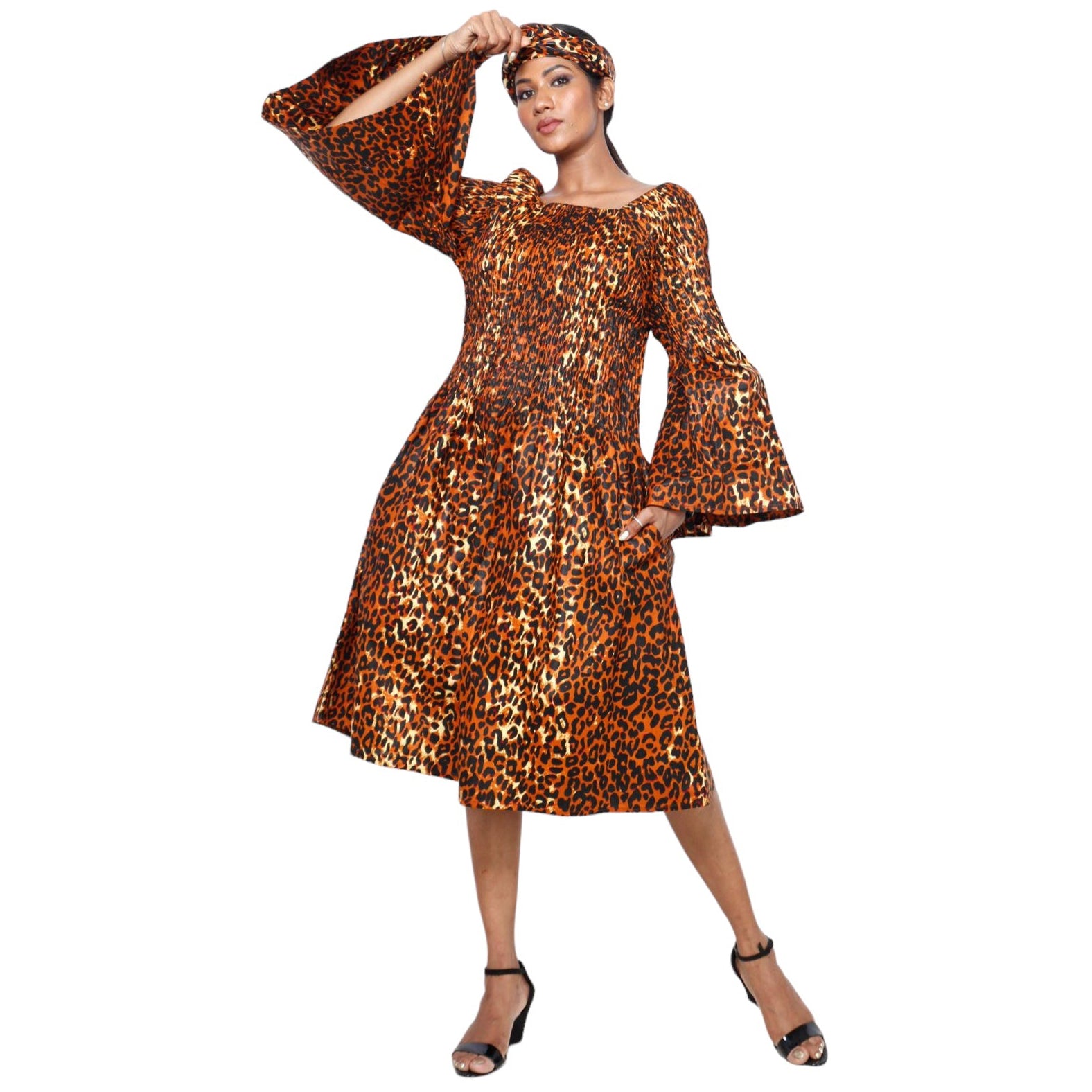 Women's Long Sleeve Smocking Short Dress with Bell Sleeves -- FI-50073
