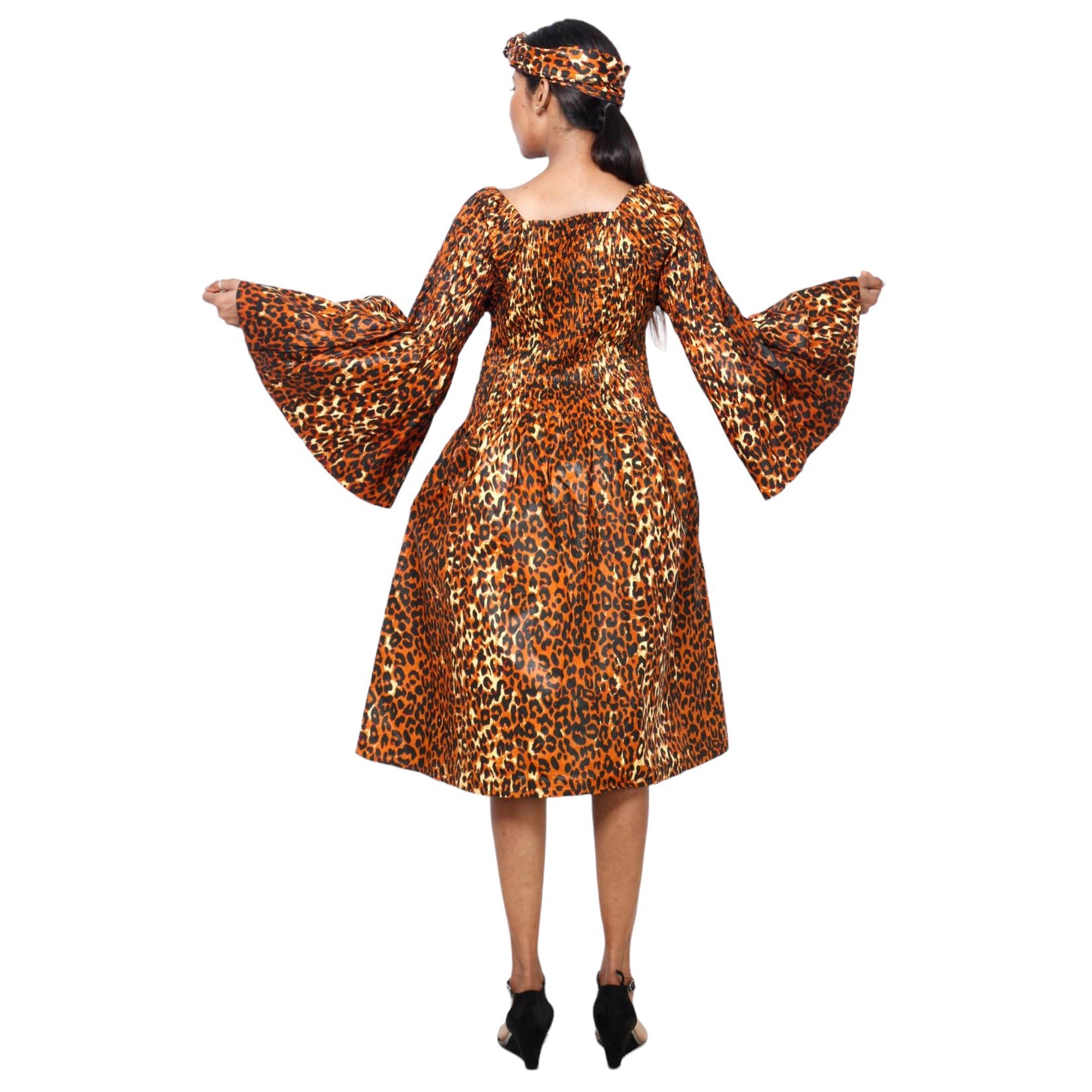 Women's Long Sleeve Smocking Short Dress with Bell Sleeves -- FI-50073