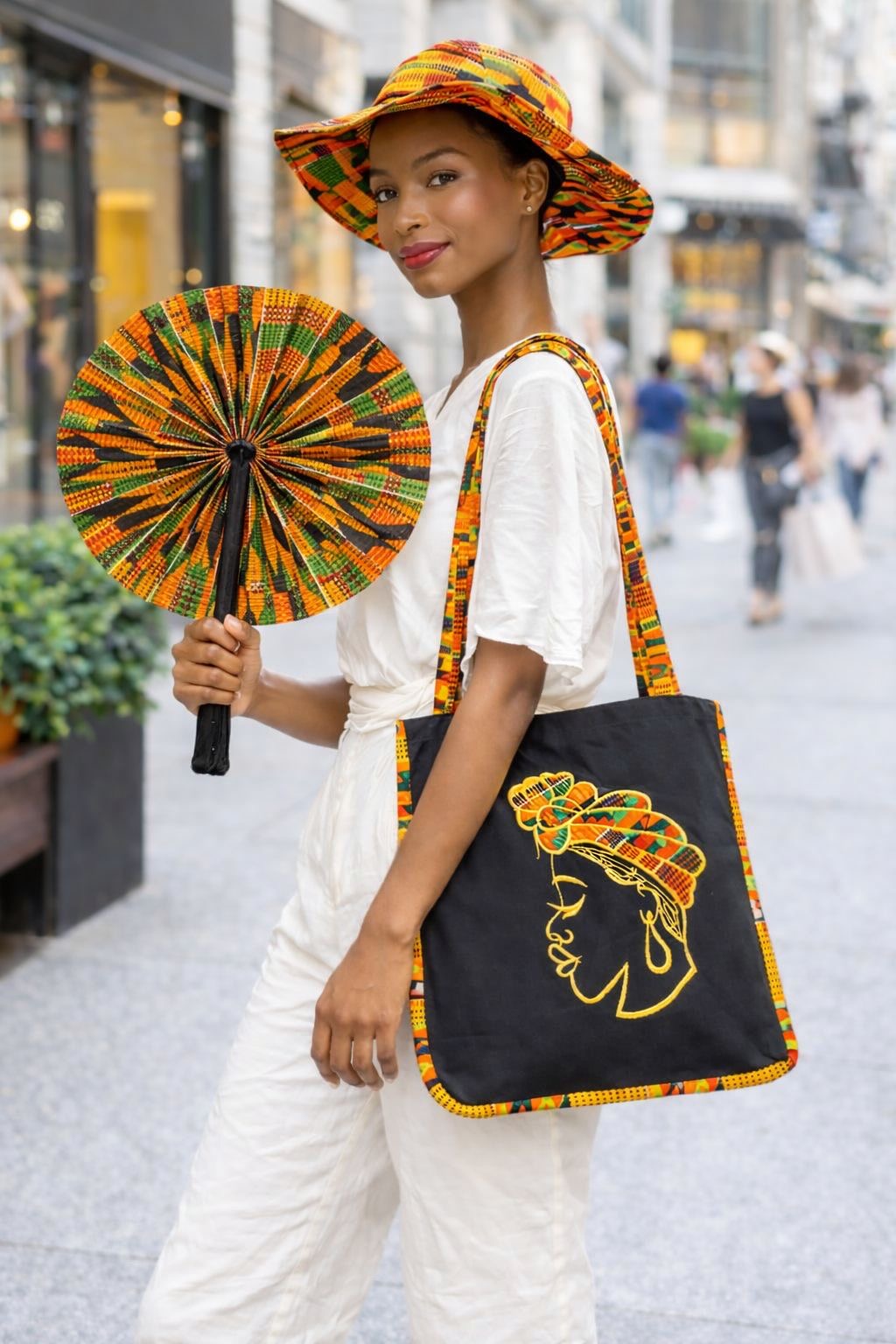 3 Piece Set — Hat, Fan and Canvas Tote Bag with Coin Purse