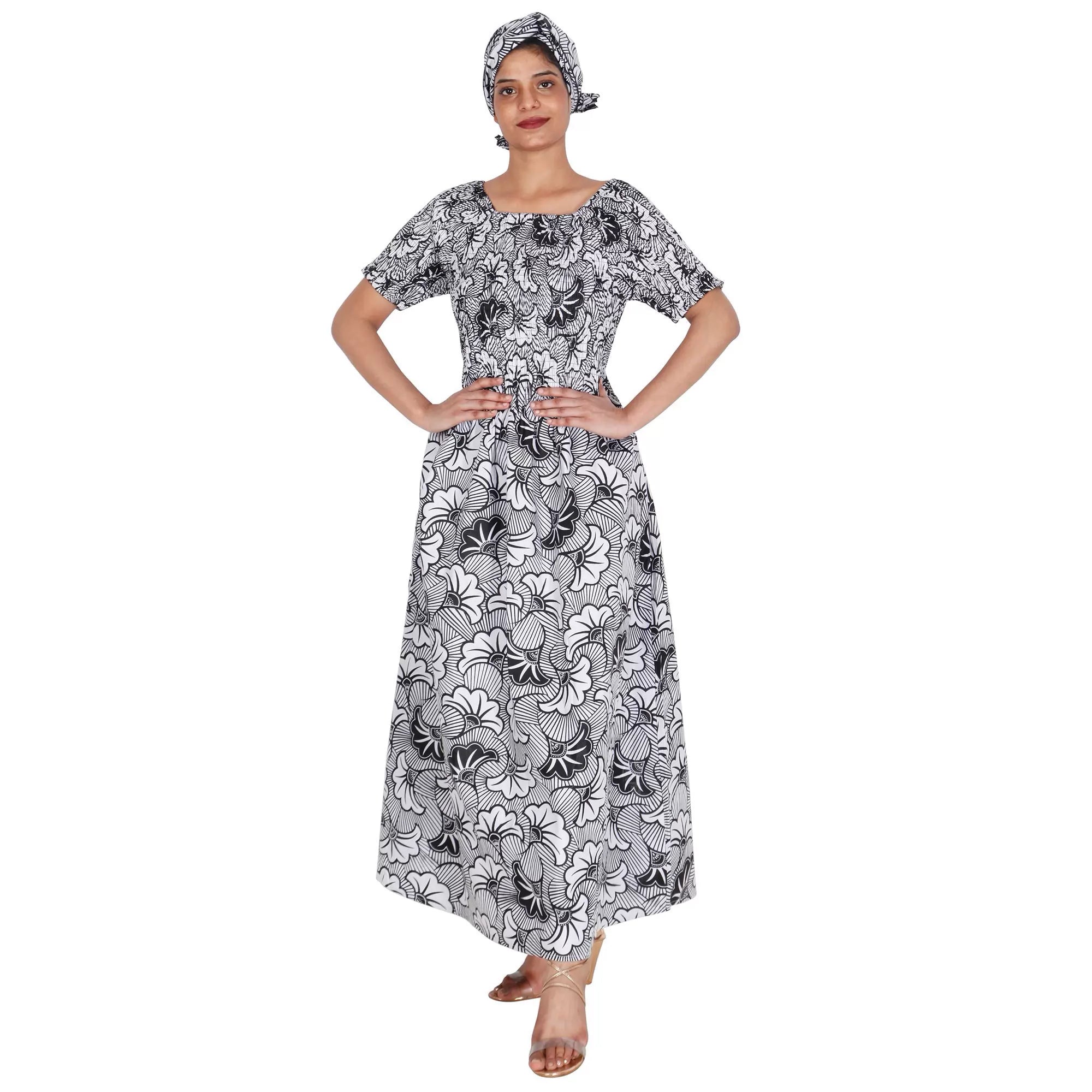 Women's Printed Smocking Short Sleeve Maxi Dress white and black