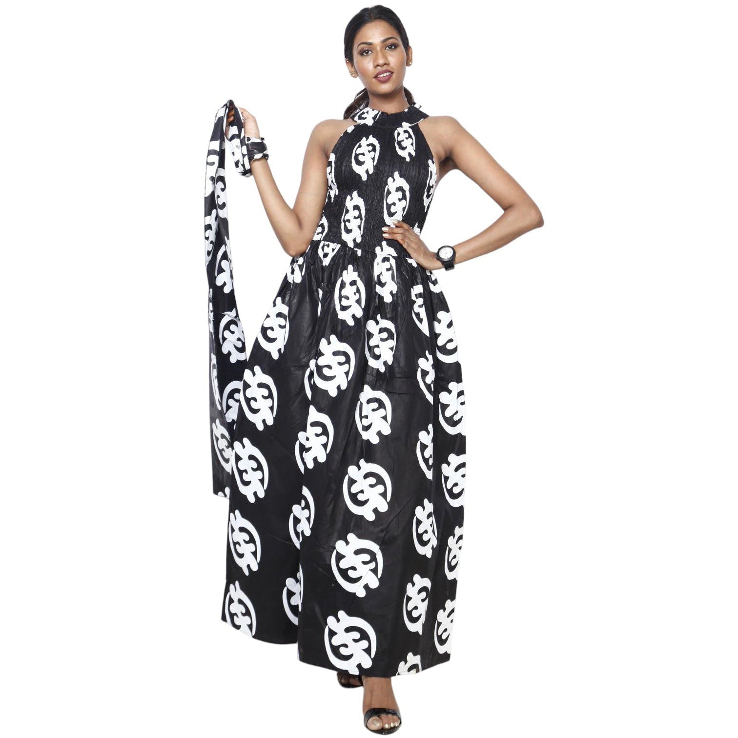 Women's High Neck Smocking Halter Maxi Dress - FI-3131