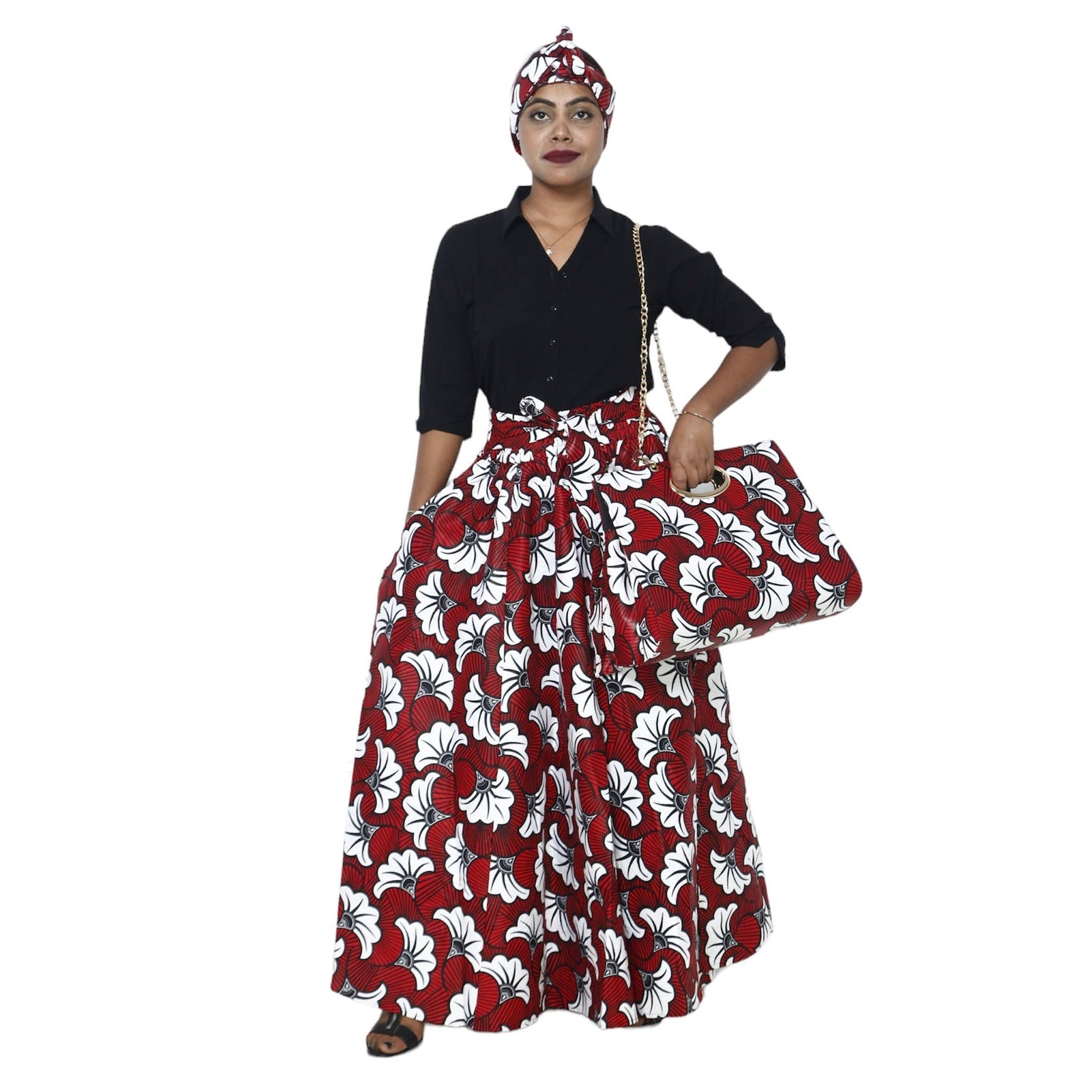 Women's Printed Tie Waist Maxi Skirt with Handbag - FI-32P