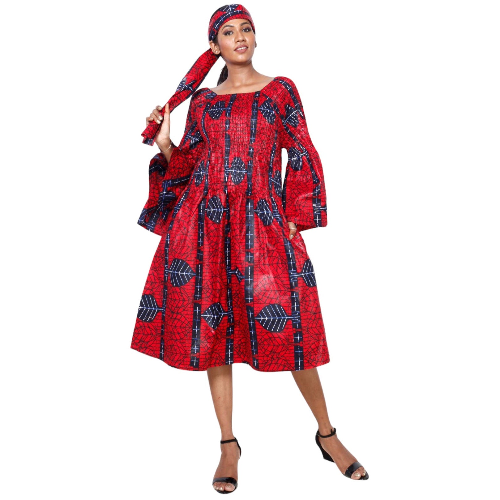 Women's Long Sleeve Smocking Short Dress with Bell Sleeves -- FI-50073