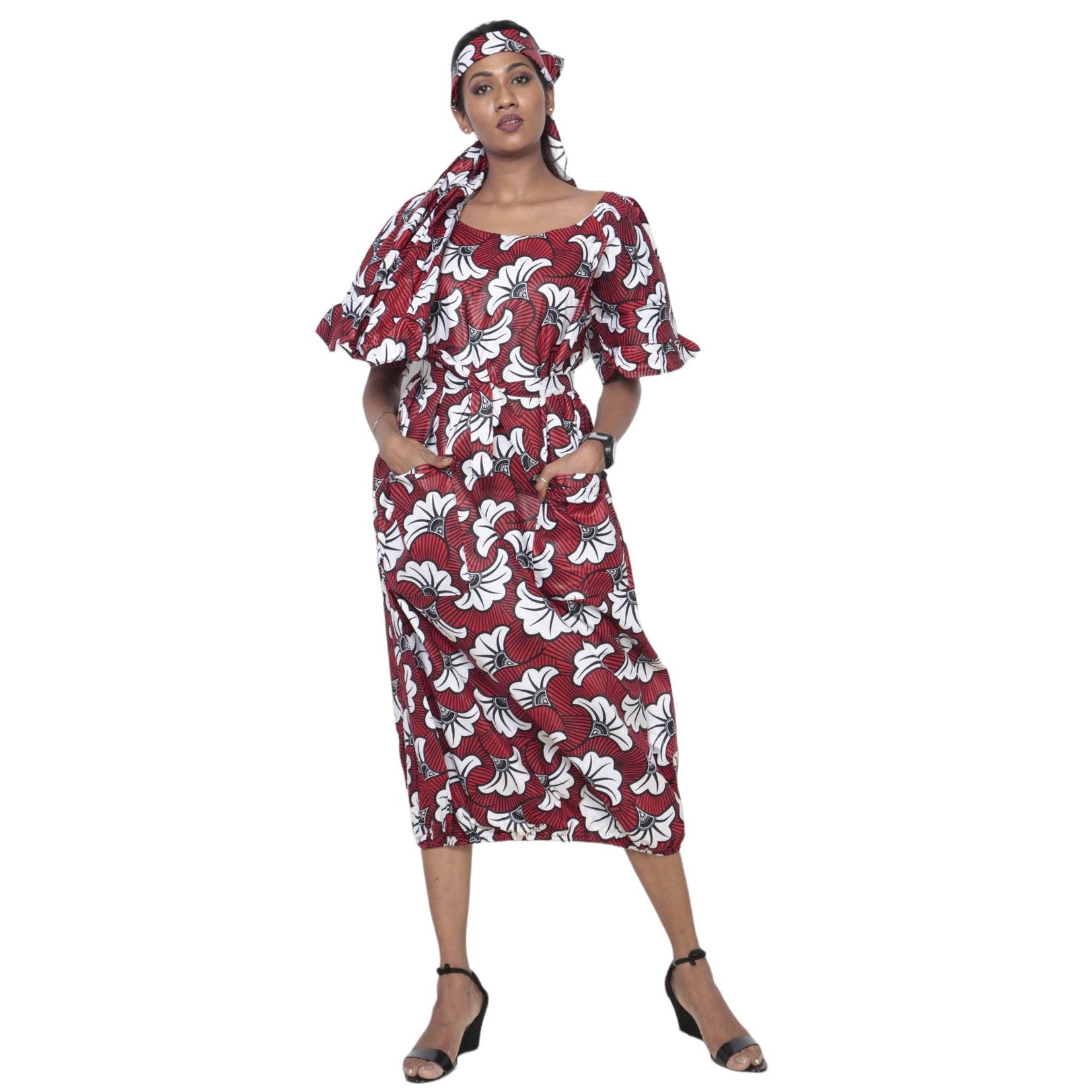Women's Short Sleeve Balloon Hem Midi Dress maroon/white