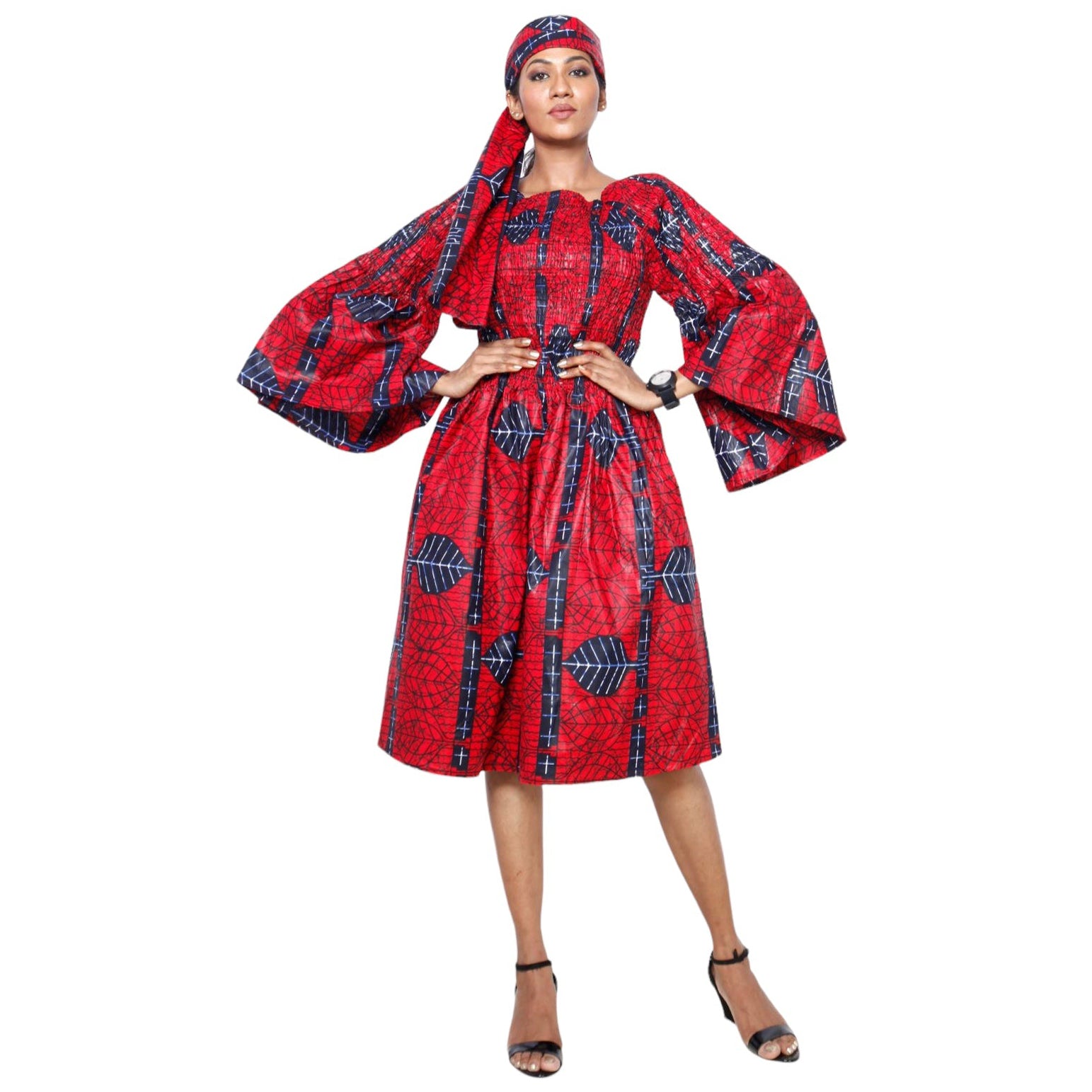 Women's Long Sleeve Smocking Short Dress with Bell Sleeves -- FI-50073