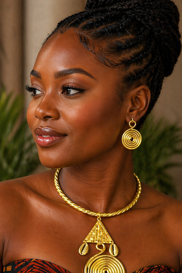 Gold Cowrie Shell Swirl Pendant Choker Necklace Set