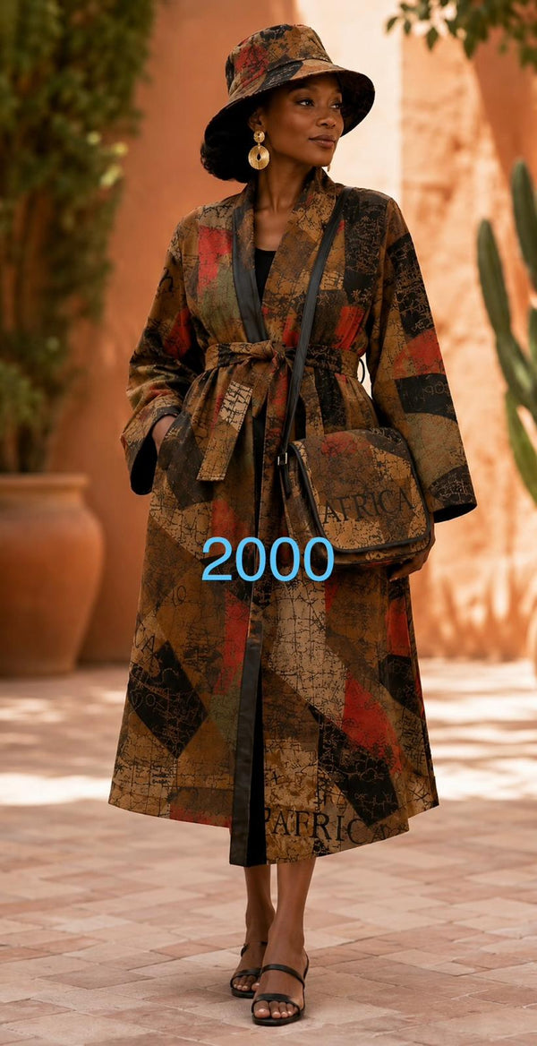African Suede Robe Jacket with Matching Purse and Hat -- 2000