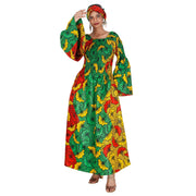 Women's Long Sleeve Smocking Maxi Dress with Bell Sleeves -- FI-50072