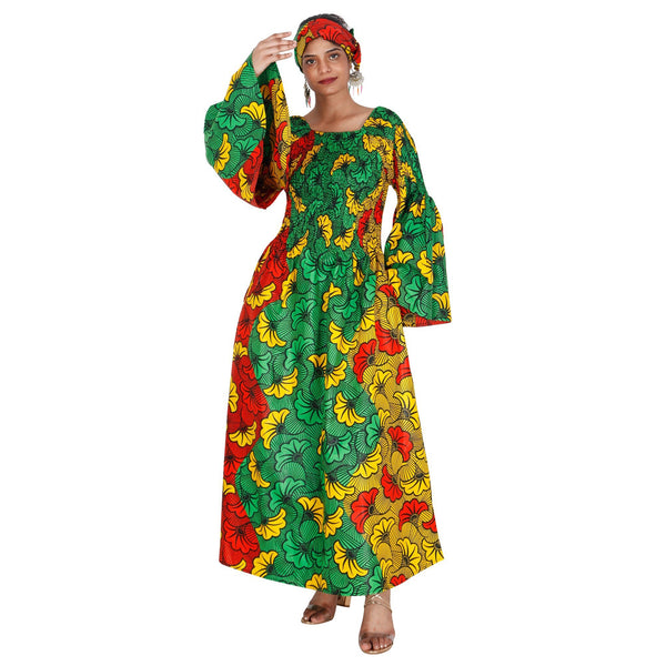 Women's Long Sleeve Smocking Maxi Dress with Bell Sleeves -- FI-50072