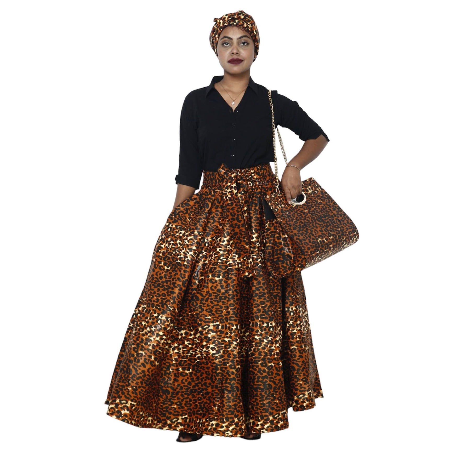 Women's Printed Tie Waist Maxi Skirt with Handbag - FI-32P