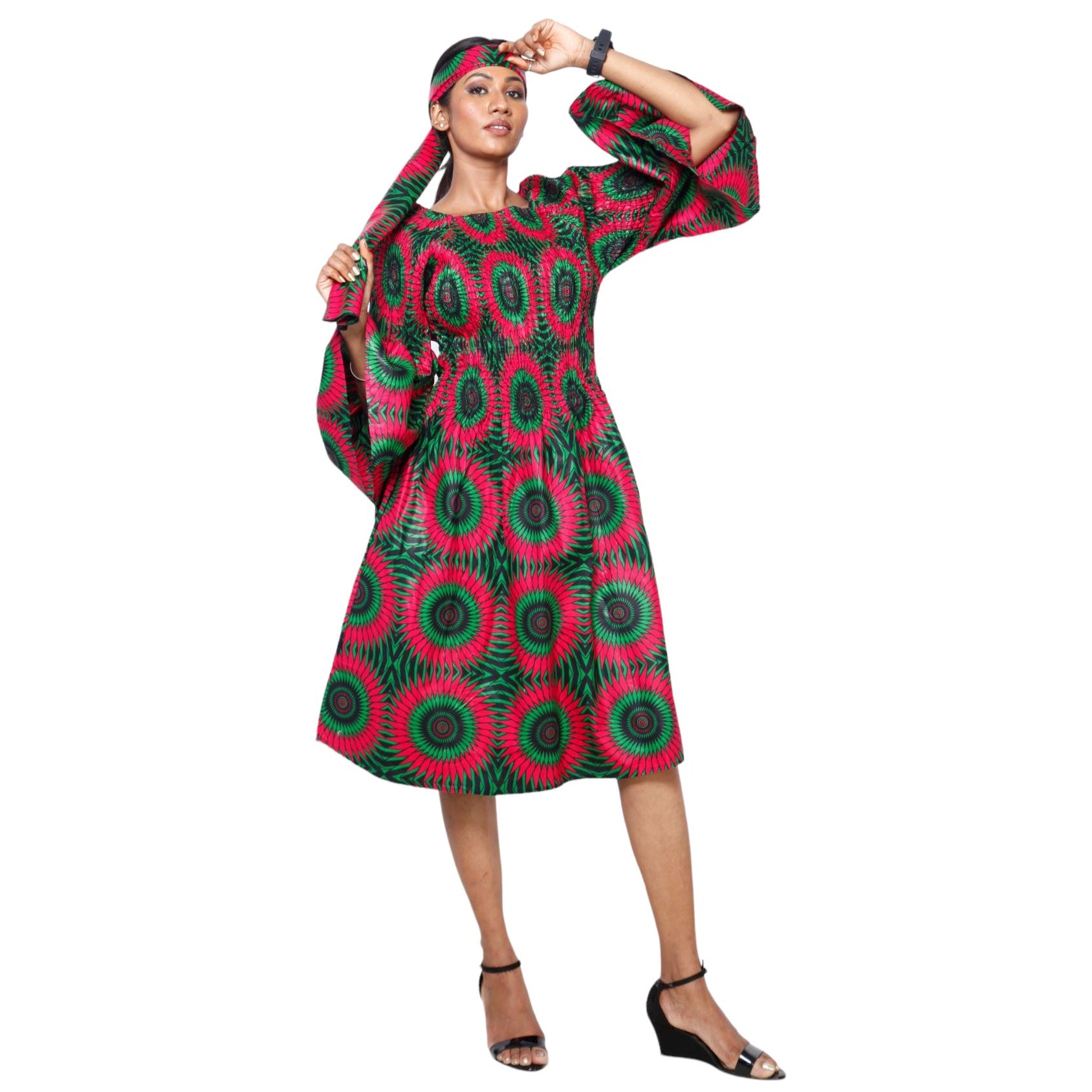 Women's Long Sleeve Smocking Short Dress with Bell Sleeves -- FI-50073