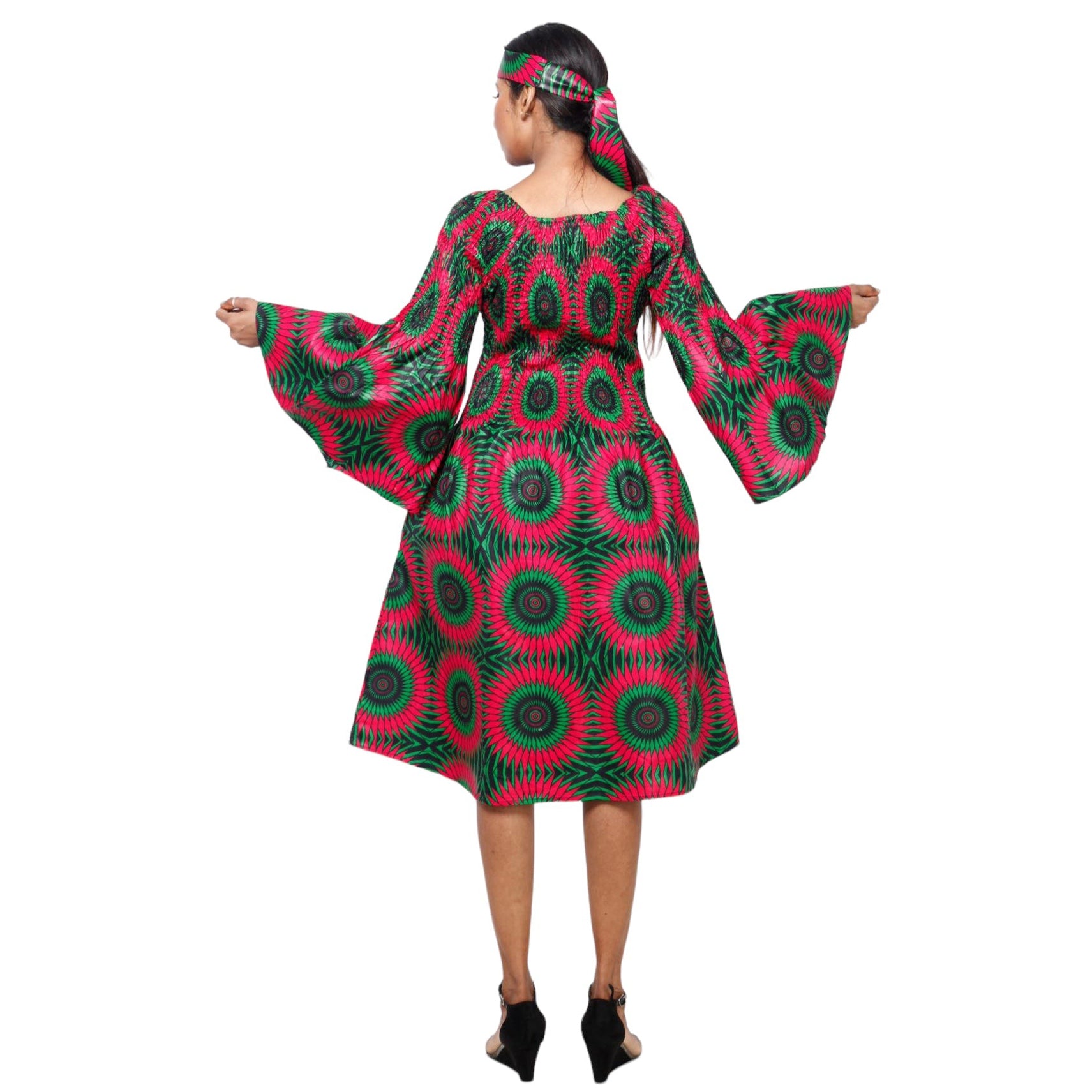 Women's Long Sleeve Smocking Short Dress with Bell Sleeves -- FI-50073