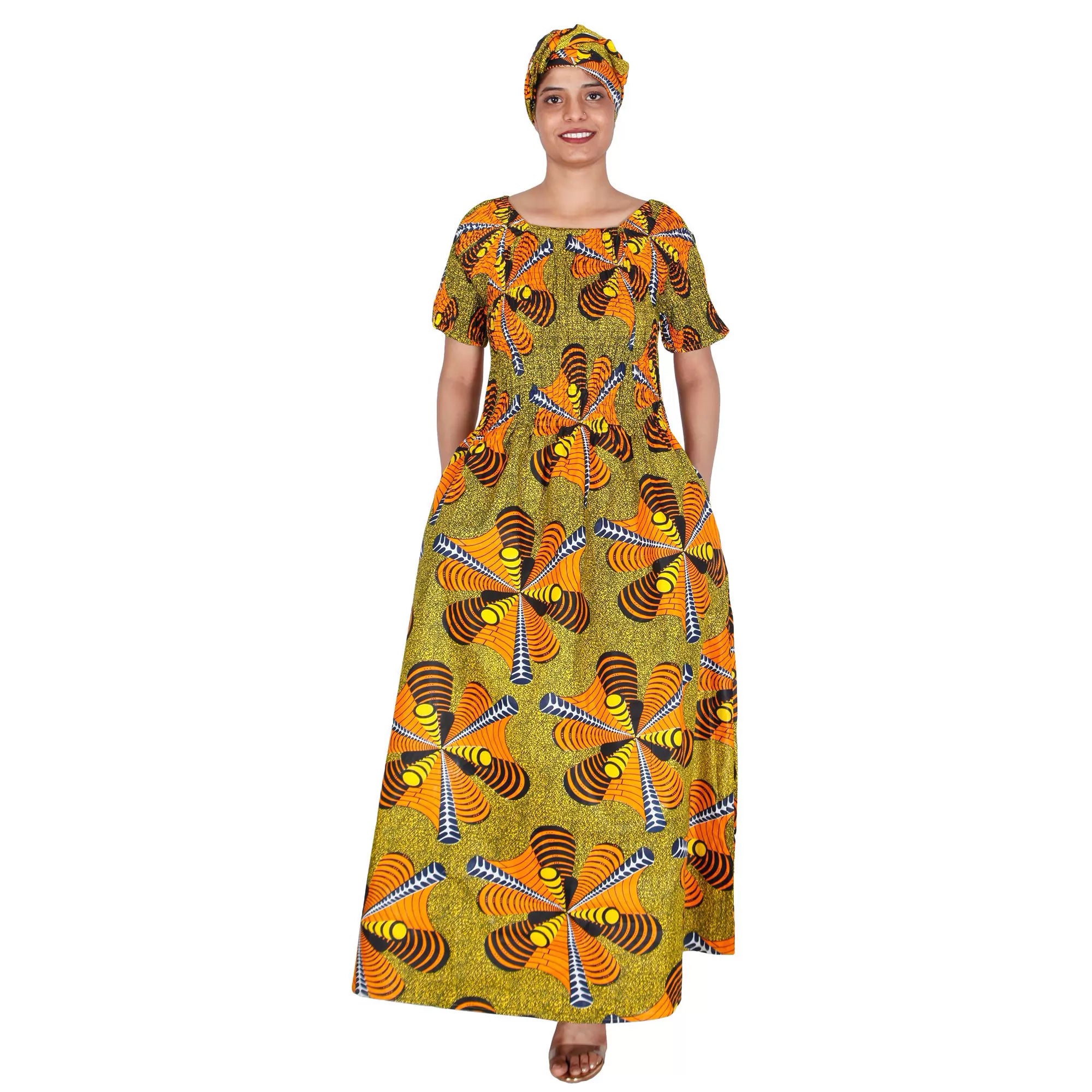 Women's Printed Smocking Short Sleeve Maxi Dress - FI-50071