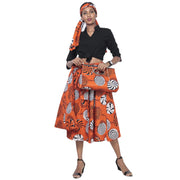 Women's African Print Midi Skirt with Tie Waist and Matching Headwrap -- FI-36P With Handbag