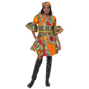 Women's Dashiki Wrap Short Dress with Frill Sleeves -- FI-D74