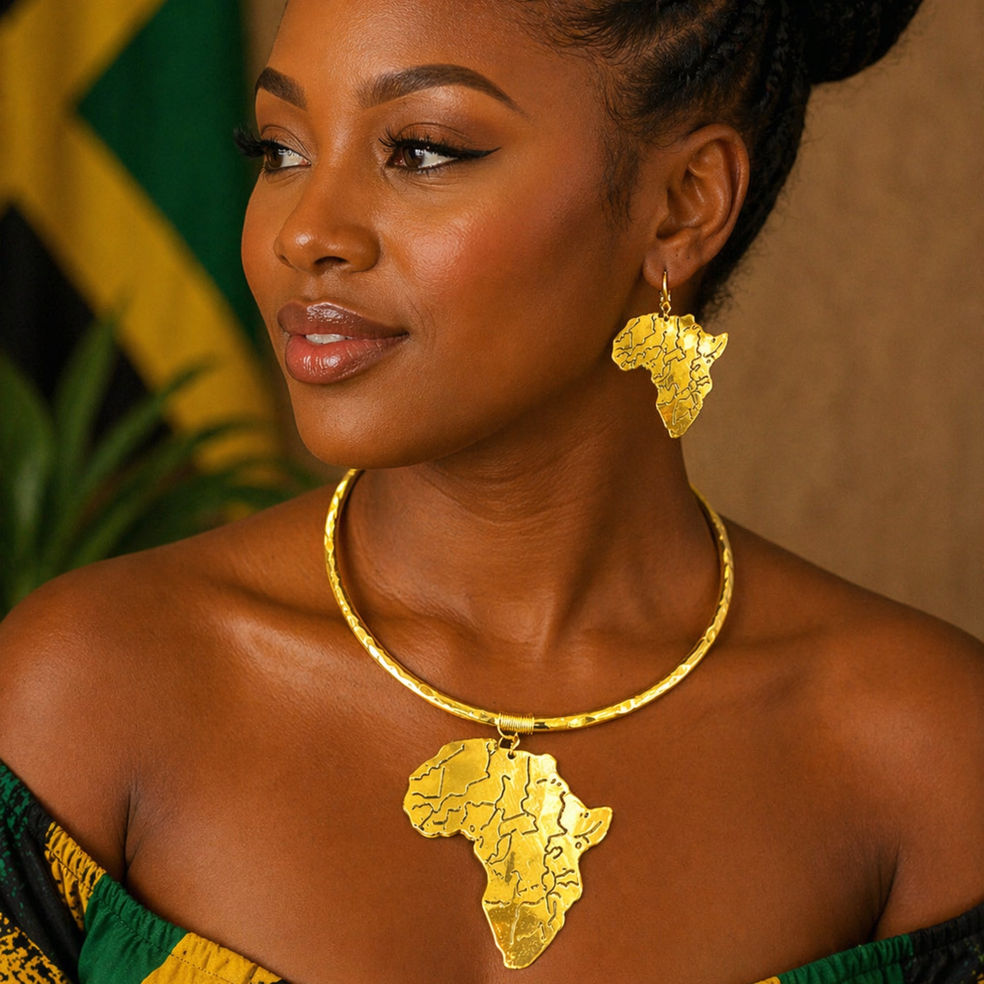 Gold African Pendant Choker Necklace Set