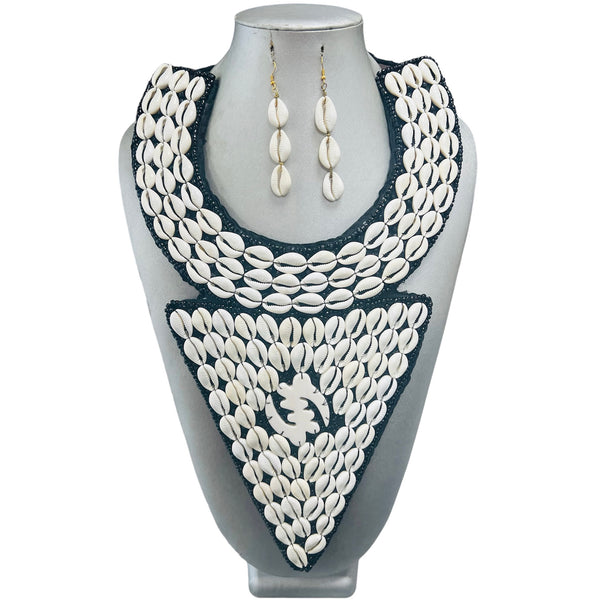 African Cowrie Shell Tribal Design Necklace with Cowrie Shell Earrings