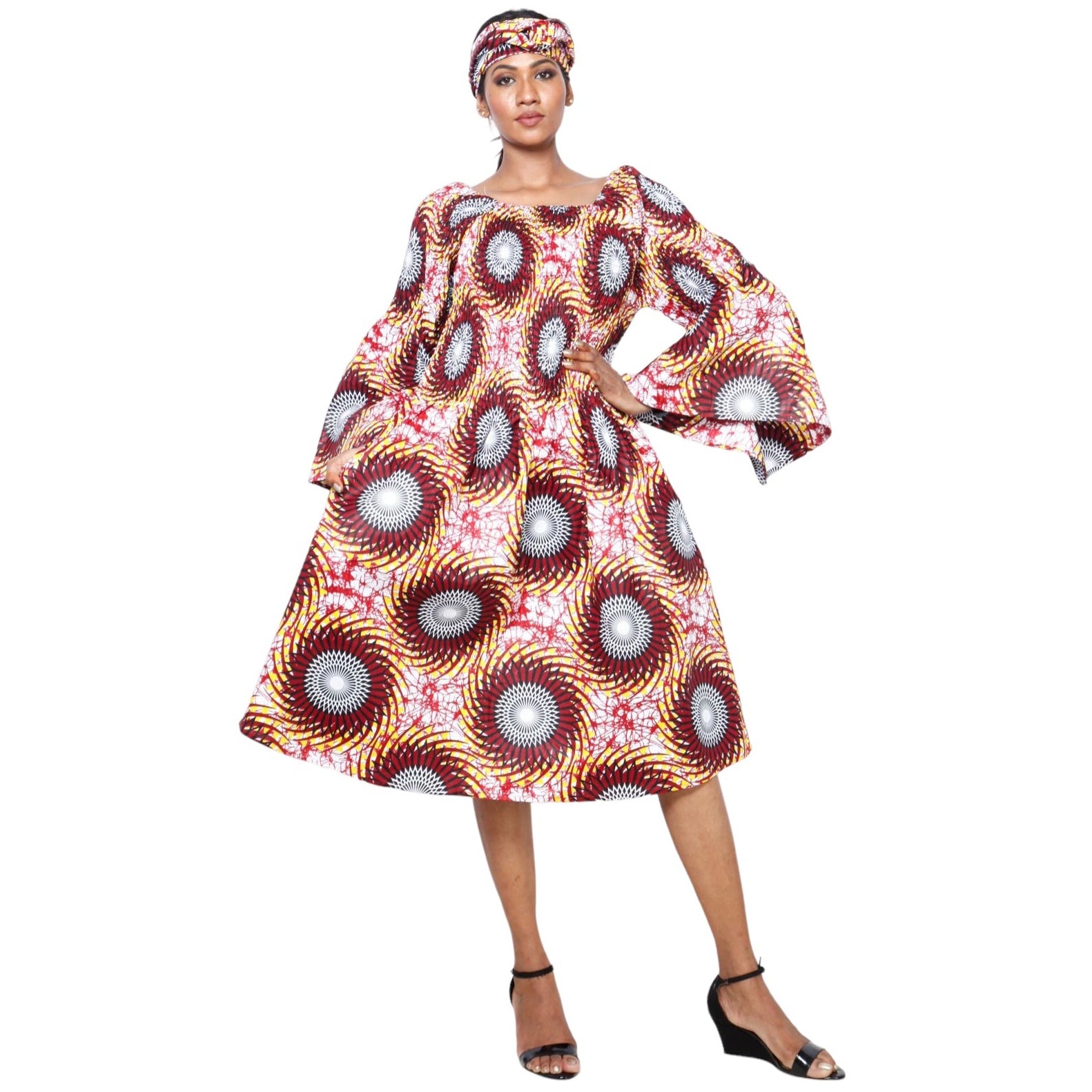 Women's Long Sleeve Smocking Short Dress with Bell Sleeves -- FI-50073