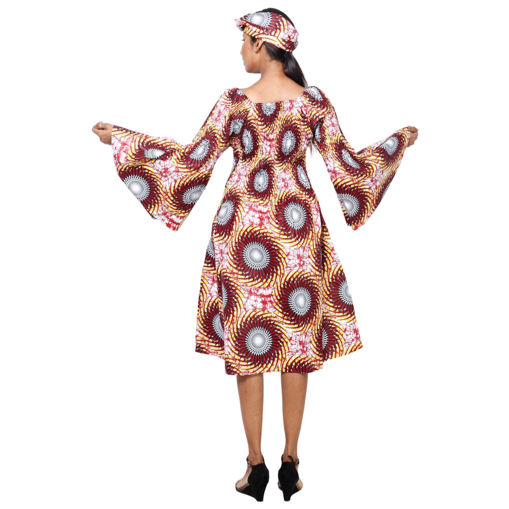 Women's Long Sleeve Smocking Short Dress with Bell Sleeves -- FI-50073